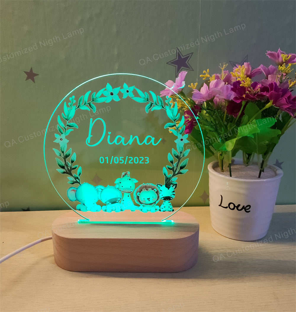 Personalized Nightlight with Fox and safari animals  Gift for Baby Customized Name Night Lamp Gift for Birthday Christmas  Gift