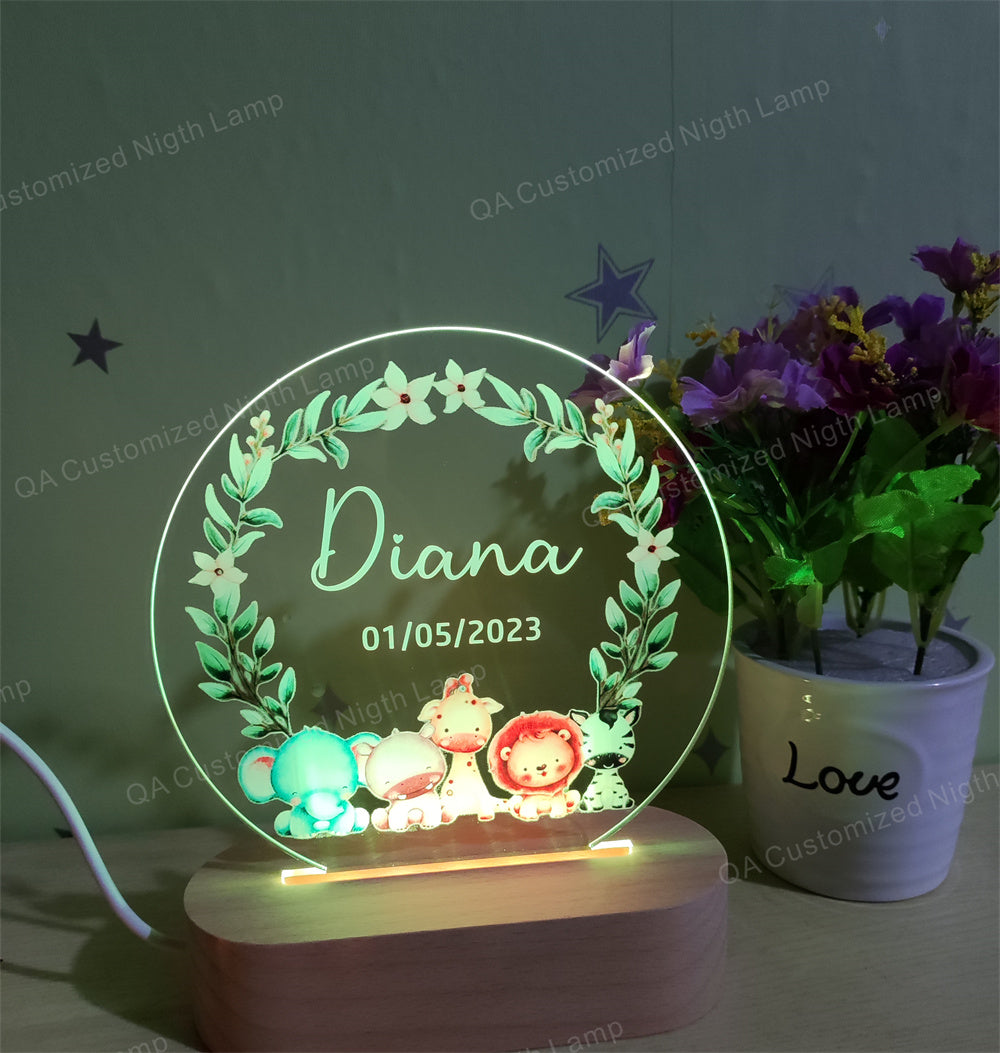 Personalized Nightlight with Fox and safari animals  Gift for Baby Customized Name Night Lamp Gift for Birthday Christmas  Gift