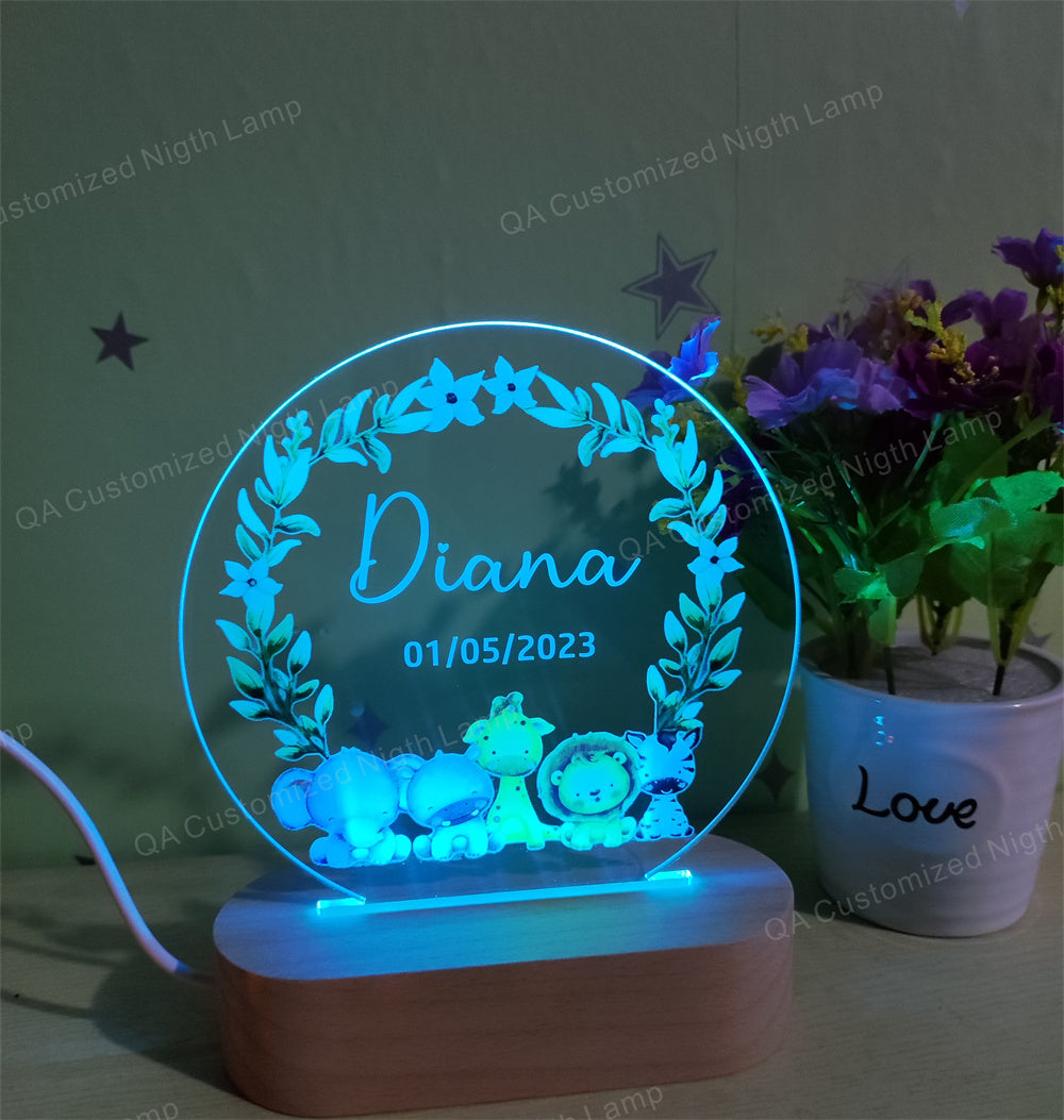 Personalized Nightlight with Fox and safari animals  Gift for Baby Customized Name Night Lamp Gift for Birthday Christmas  Gift