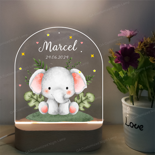 Cute Elephant Custom Name Light Animal Acrylic LED Lamp Wooden Base for Birthday  Personalized Acrylic Night Light Christmas Present