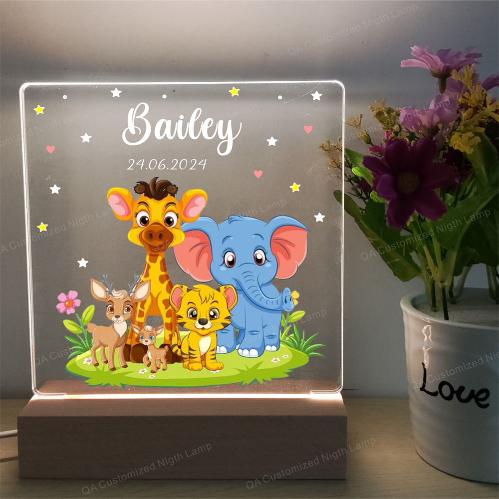 Personalised Safari Animal Night Light Customized  Name Birthday Gift Kid Uursery Room Christmas Gift