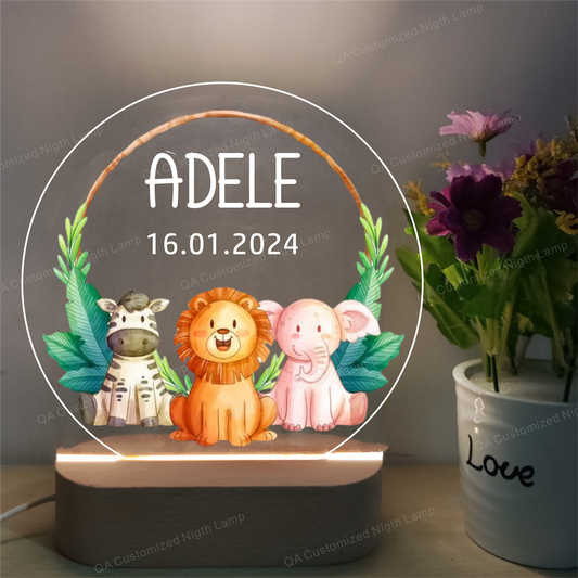 Personalised Anima Night Light Custom Name Birthday Gift Kid Nursery Room Table Acrylic  Lamp Wooden Light Christmas Present