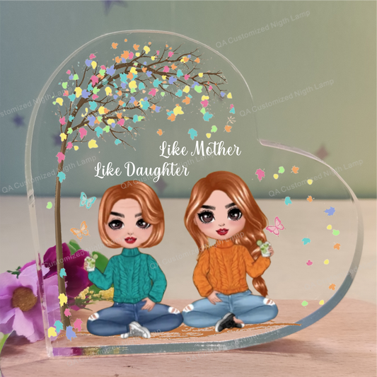 Mother’s Day Flowers Mom Heart Shaped Acrylic Plaque Custom Names Text and Doll Photo Designs Gift for Mum