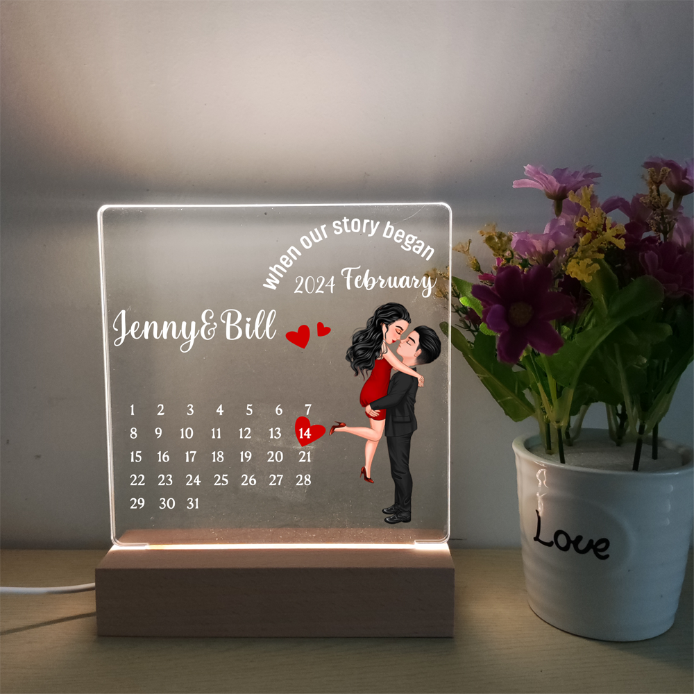 Kissing Couple Heart Anniversary Date Calendar Personalized Custom Shape Acrylic Night Light – Anniversary Gift For Couple – Gift For Him or Her