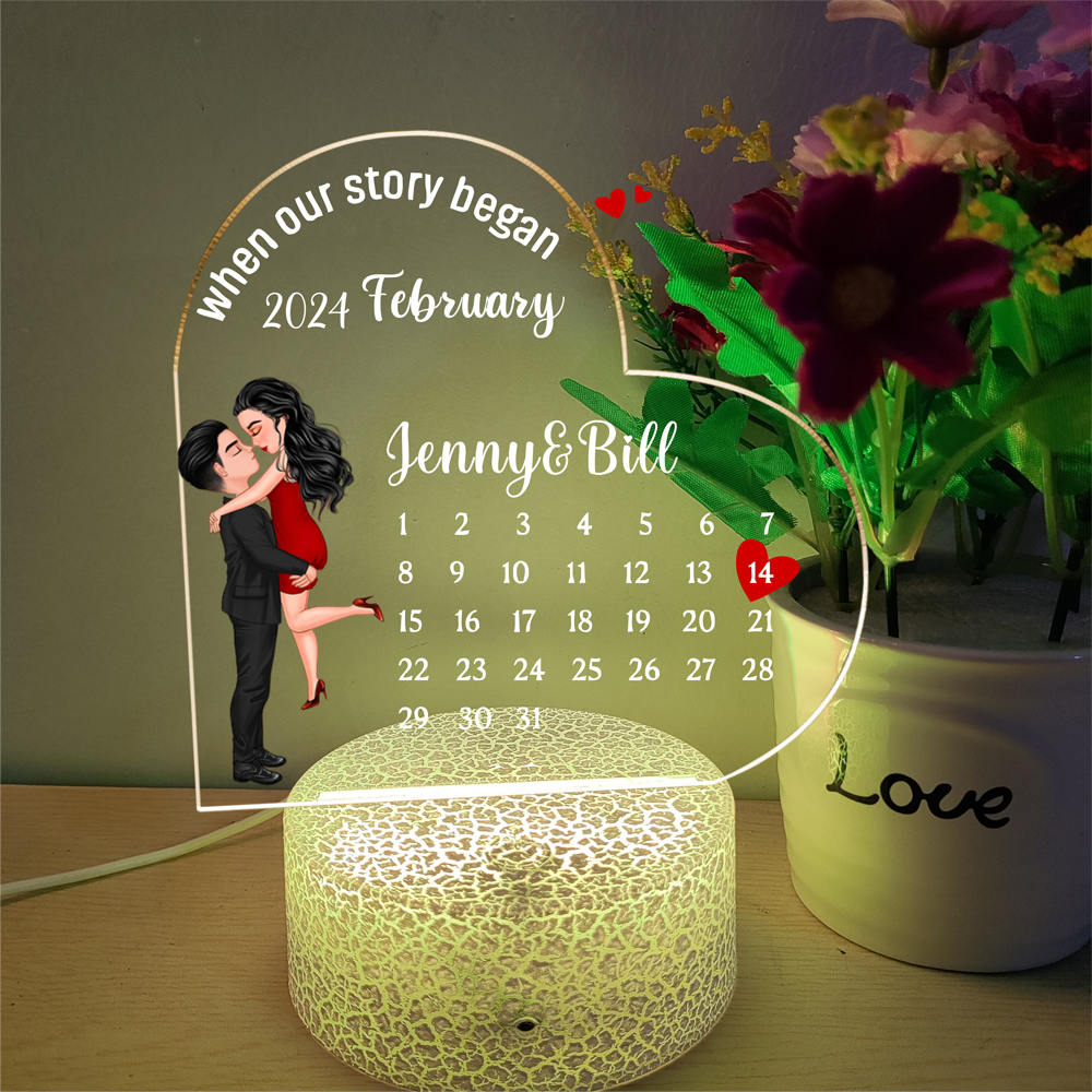 Kissing Couple Heart Anniversary Date Calendar Personalized Custom Shape Acrylic Night Light – Anniversary Gift For Couple – Gift For Him or Her