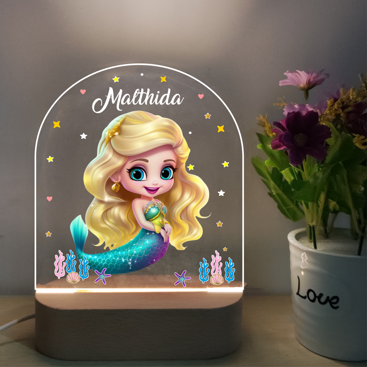 Mermaid Decor Acrylic Night Lamp Personalized Night Light Kids Room Nursery Baby Birth Gift Name Sign Gift Christmas Gift