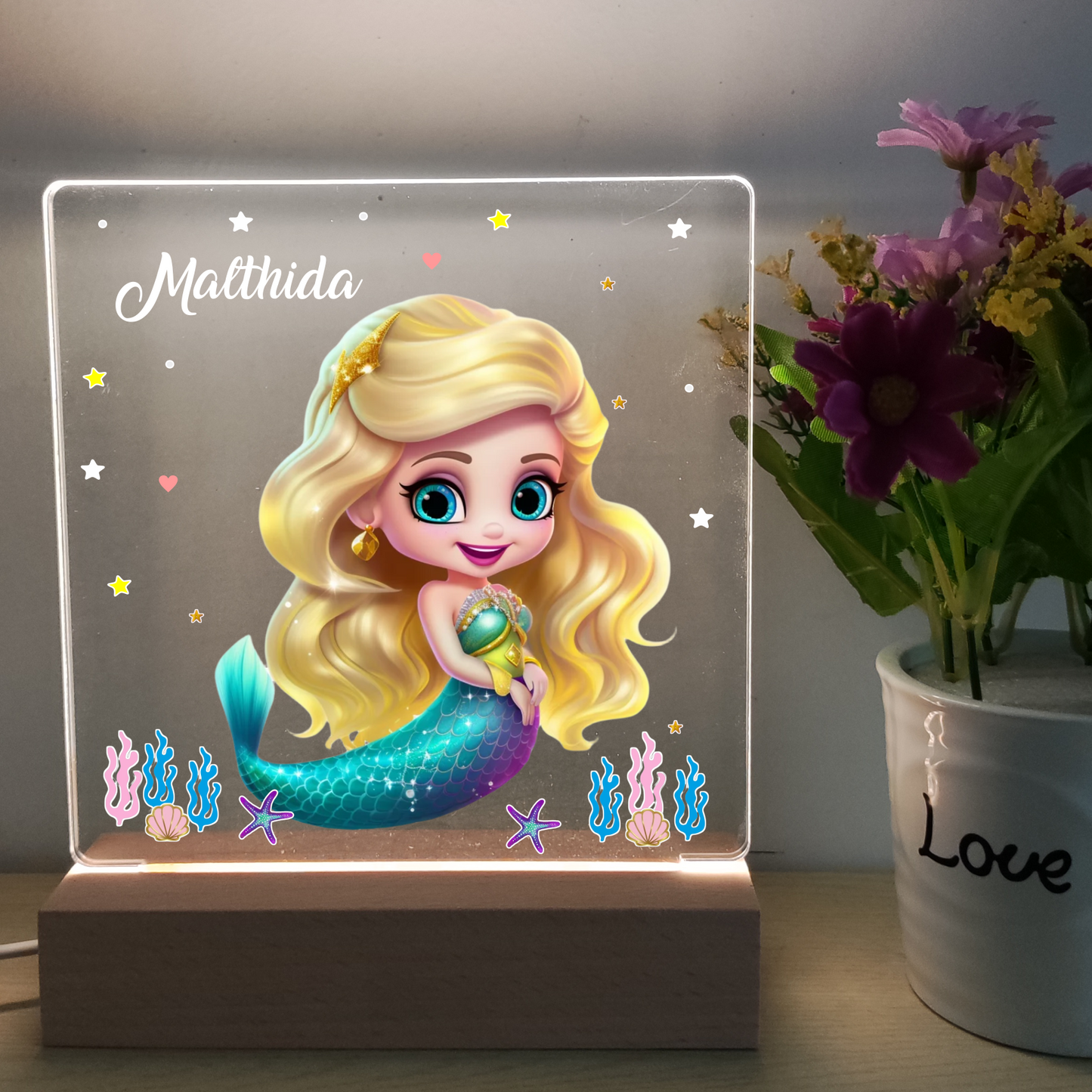 Mermaid Decor Acrylic Night Lamp Personalized Night Light Kids Room Nursery Baby Birth Gift Name Sign Gift Christmas Gift