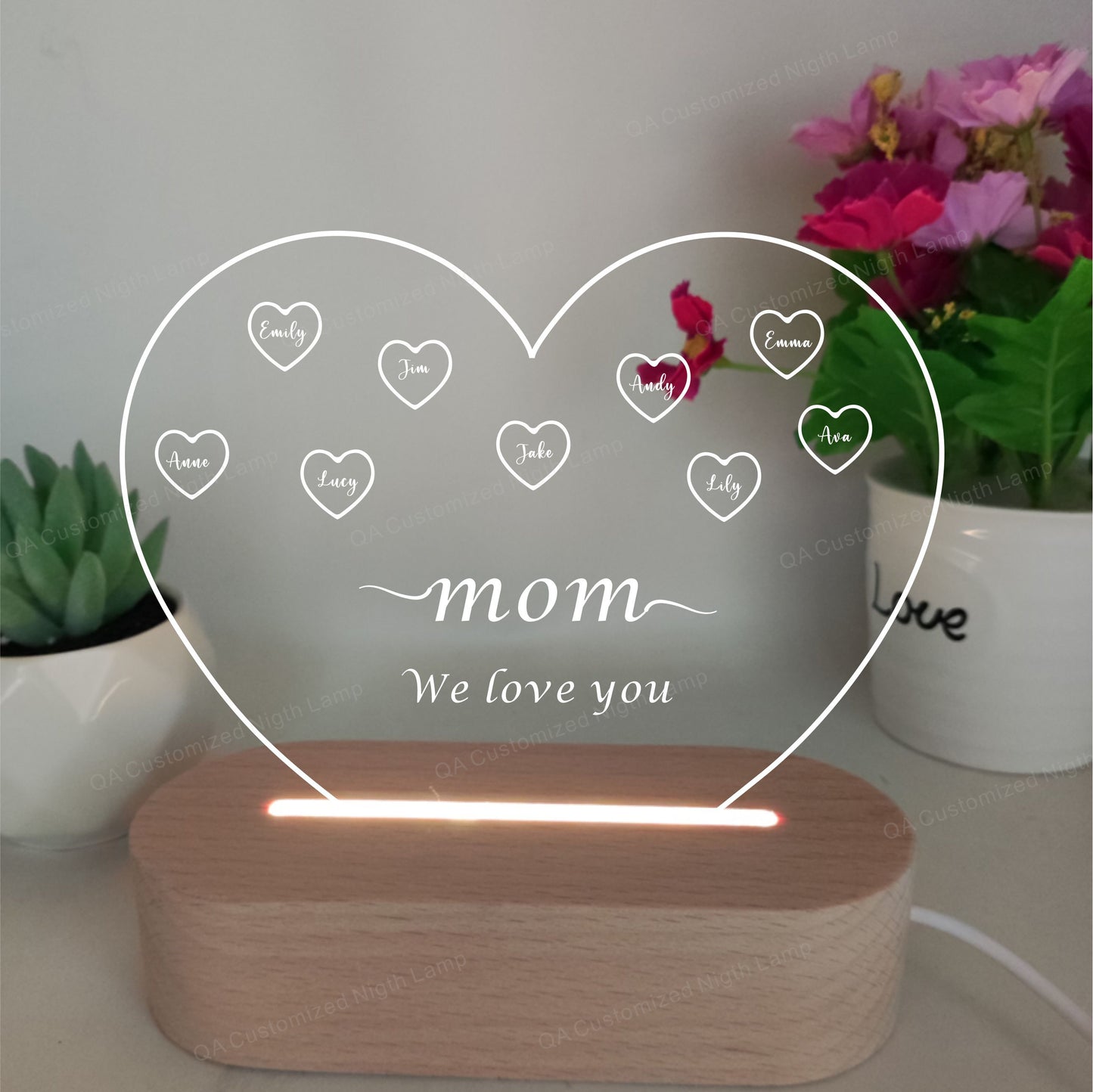 Mother’s day heart shape custom Name personalized 3D Acrylic Night Lamp