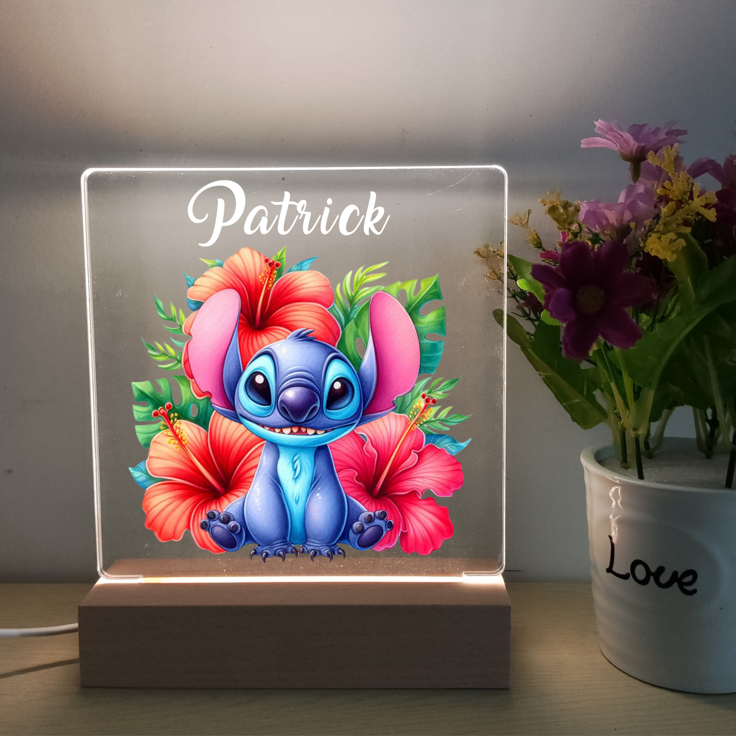 Personalized Baby Name Night Light with Wooden Base Girl Boy Child Gift Night Lamp Bedroom Nursery Room Decor Christmas Gift