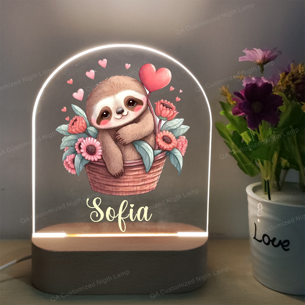 Personalised Sloth Animal Night Light Custom Name Birthday Gift Kid nursery Room Christmas Present