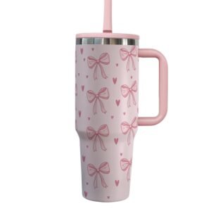 Bow Pink 40 oz Traveler Tumbler Custom Engraved Pink Coquette Bow Cup Personalized Gift Chantilly Customized Name