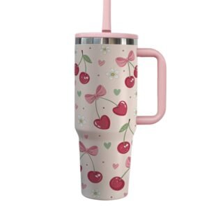 Cherry Strawberry Flowers Tumbler (40 oz) Limited Edition | Custom Name Pink and Red Tumbler Personalized Gifts Present