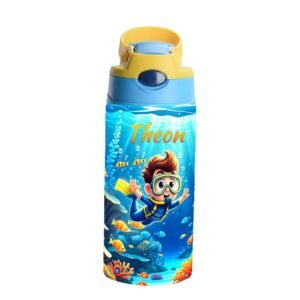 Personalized Cartoon Scuba Diver 12 oz Insulated Kid Water Bottle with Handle and Straw Back to School Birthday Christmas Gift for Boys Girls