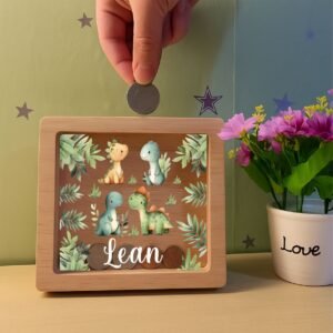 Personalized Money Box Name Savings Piggy Bank Coin Bank Dinosaur Design Custom Wooden Coin Bank for Kids Gift